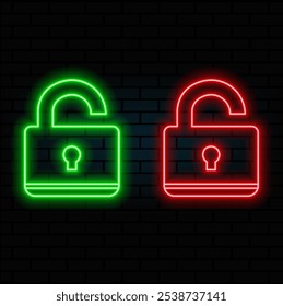 Neon 3D image of neon sign on flat smooth wall of open padlock line icon in green and blue neon colours, backround green.