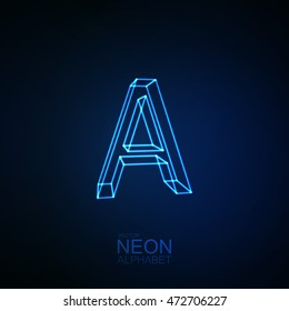 Neon 3D letter A. Typographic element. Part of glow neon alphabet. Vector illustration