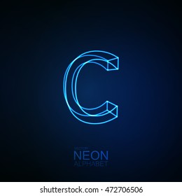 Neon 3D letter C. Typographic element. Part of glow neon alphabet. Vector illustration