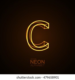 Neon 3D letter C. Typographic vector element for design. Part of glow neon alphabet. Vector illustration