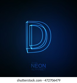 Neon 3D letter D. Typographic element. Part of glow neon alphabet. Vector illustration