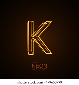 Neon 3D letter K. Typographic vector element for design. Part of glow neon alphabet. Vector illustration