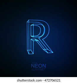 Neon 3D letter R. Typographic element. Part of glow neon alphabet. Vector illustration