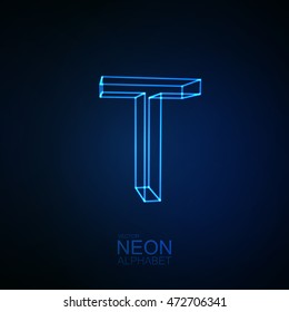 Neon 3D letter T. Typographic element. Part of glow neon alphabet. Vector illustration