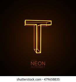 Neon 3D letter T. Typographic vector element for design. Part of glow neon alphabet. Vector illustration