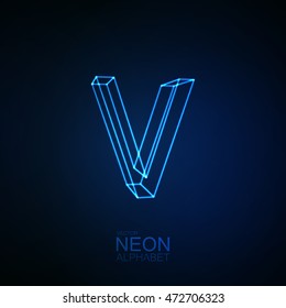 Neon 3D letter V. Typographic element. Part of glow neon alphabet. Vector illustration