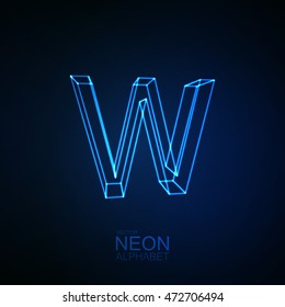 Neon 3D letter W. Typographic element. Part of glow neon alphabet. Vector illustration
