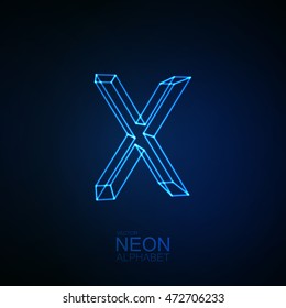 Neon 3D letter X. Typographic element. Part of glow neon alphabet. Vector illustration