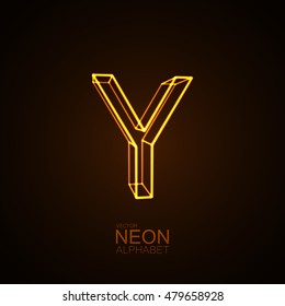 Neon 3D letter Y. Typographic vector element for design. Part of glow neon alphabet. Vector illustration