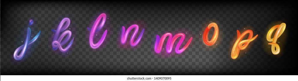 Neon 3d letters j, k, l, n, m, o, p, q logo design vector template. Gradient multicolor ABC font with glossy and glitter. Type characters logotype symbols in magic style. 
