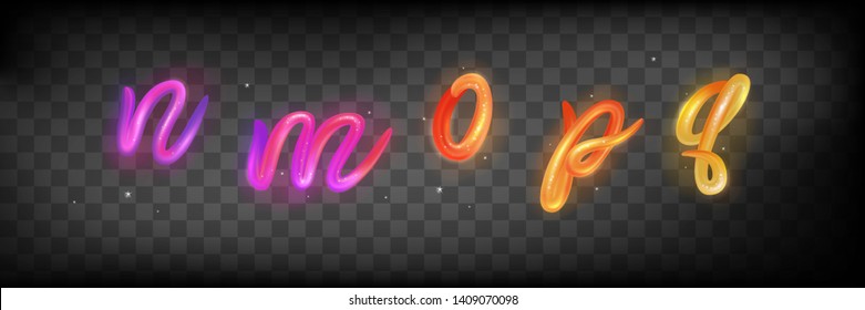 Neon 3d letters n, m, o, p, q logo design vector template. Gradient multicolor ABC font with glossy and glitter. Type characters logotype symbols in magic style. 