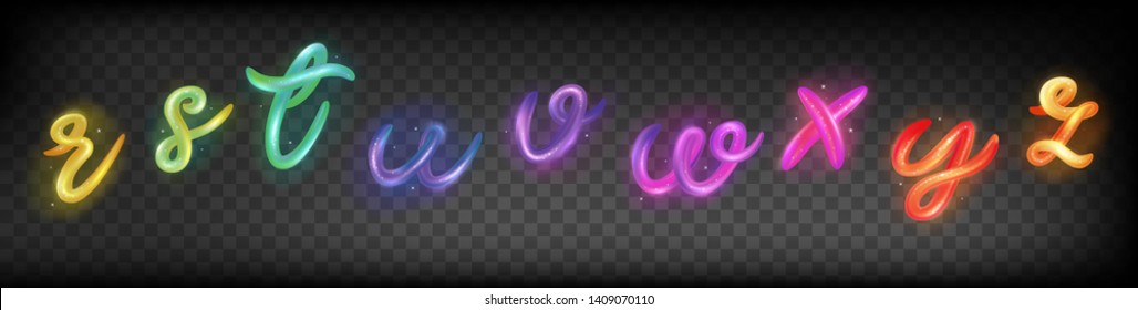 Neon 3d letters r, s, t, u, v, w, x, y, z logo design vector template. Gradient multicolor ABC font with glossy and glitter. Type characters logotype symbols in magic style. 