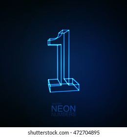 Neon 3D number 1. Typographic element. Part of glow neon alphabet. Digit one. Vector illustration