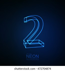 Neon 3D number 2. Typographic element. Part of glow neon alphabet. Digit two. Vector illustration