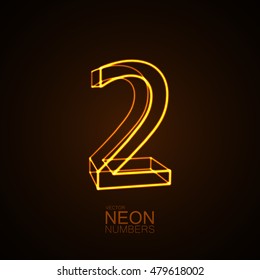 Neon 3D number 2. Typographic vector element for design. Part of glow neon alphabet. Digit two. Vector illustration