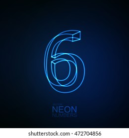 Neon 3D number 6. Typographic element. Part of glow neon alphabet. Digit six. Vector illustration