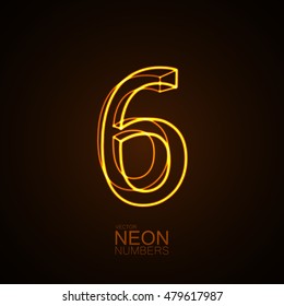 Neon 3D number 6. Typographic vector element for design. Part of glow neon alphabet. Digit six. Vector illustration