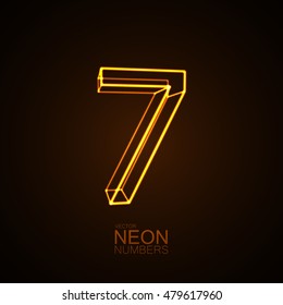 Neon 3D number 7. Typographic vector element for design. Part of glow neon alphabet. Digit seven. Vector illustration