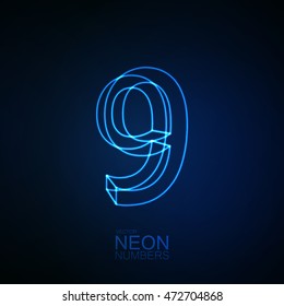 Neon 3D number 9. Typographic element. Part of glow neon alphabet. Digit nine. Vector illustration