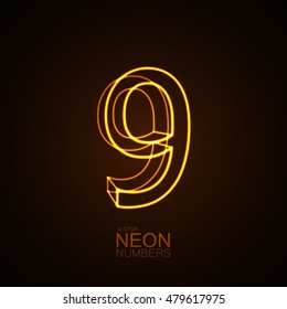 Neon 3D number 9. Typographic vector element for design. Part of glow neon alphabet. Digit nine. Vector illustration