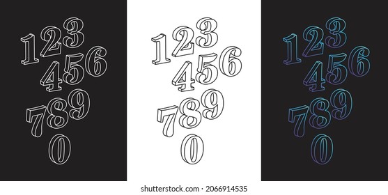 Conjunto de números Neon 3D. Conjunto de números de contorno en blanco y negro. Conjunto de elementos tipográficos. Cifras brillantes de neón. Colección de dígitos neones. Ilustración vectorial.