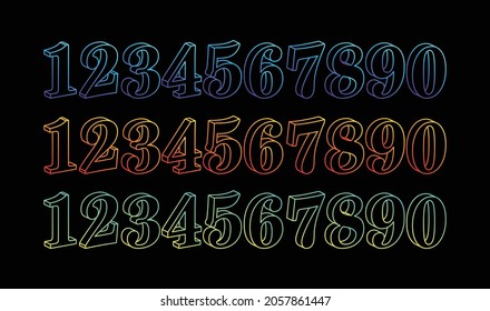 Conjunto de números Neon 3D. Conjunto de elementos tipográficos. Cifras brillantes de neón. Colección de dígitos neones. Ilustración vectorial.