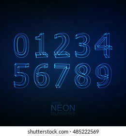 Neon 3D number set. Typographic element set. Glowing neon characters. Neon digit collection. Vector illustration