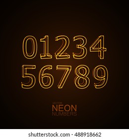 Neon 3D number set. Typography element set. Glowing neon characters. Neon digit collection. Vector illustration