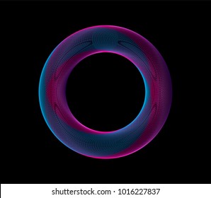 Neon 3d ring glowing in the dark with moire pattern, guilloche lines. Vector illustration.