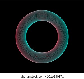 Neon 3d ring glowing in the dark with moire pattern, guilloche lines. Vector illustration.
