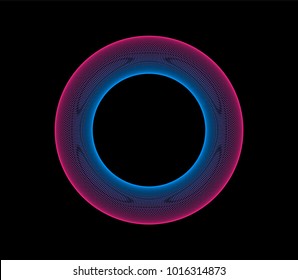 Neon 3d ring glowing in the dark with moire pattern, guilloche lines. Vector illustration.