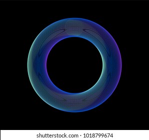 Neon 3d ring glowing in the dark with moire pattern, guilloche lines. Vector illustration.