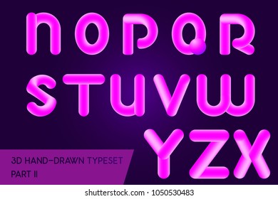 Neon 3D Rounded Headline Font. Holographic Letters Typeset. Fluid Color Typeface Isolated. Matte Liquid Colors In 80s, 90s Style. Bubble Tube Alphabet. Creativity Concept ABC For Music Poster, Banner