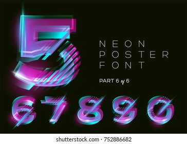 Neon 3D Typeset. Glowing Text Effect. Vibrant Bright Colors on Black Background. Modern Creative Typography for DJ Music Party, Fest, Sale Banner. Trendy Lettering for Decoration Design. Isolated. 