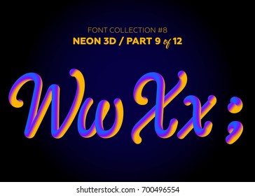 Neon 3D Typeset with Rounded Shapes. Font Set of Painted Letters. Matte Liquid Purple and Yellow Colors. Night Glow Effect. Tube Alphabet. ABC for DJ Poster, Sale Banner, Signboard, Advertising. 