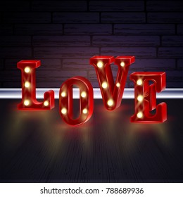 Neon 3d word Love with lights.