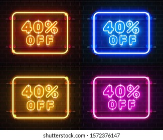 Neon 40 off text banner color set. Night Sign. Vector illustration