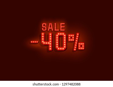 Neon 40 sale text banner. Night Sign. Vector illustration