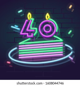 Neon 40 years anniversary candle on cake. Night illuminated wall for social network post or logo. Square illustration on brick wall background.