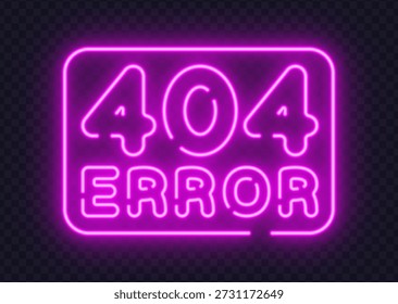 Neon 404 Fehlerzeichen leuchtet in abgerundeten Rahmen auf dunklem Hintergrund. Modernes Webkonzept, ideal für Fehlerseiten, UI-Design oder technische Präsentationen.