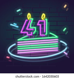 Neon 41 years anniversary candle on cake. Night illuminated wall for social network post or logo. Square illustration on brick wall background.