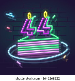 Neon 44 years anniversary candle on cake. Night illuminated wall for social network post or logo. Square illustration on brick wall background.