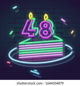 Neon 48 years anniversary candle on cake. Night illuminated wall for social network post or logo. Square illustration on brick wall background.