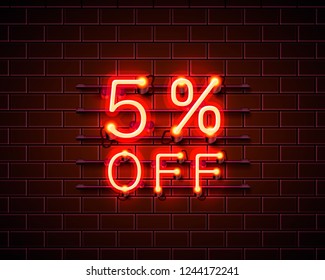 Neon 5 off text banner. Night Sign. Vector illustration