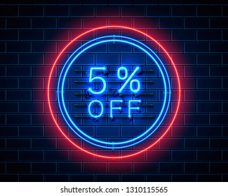 Neon 5 off text banner. Night Sign. Vector illustration