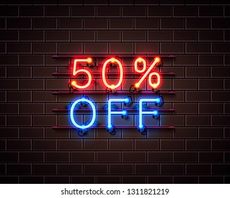 Neon 50 off text banner. Night Sign. Vector illustration