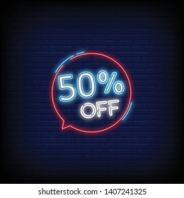 Neon 50 off text banner. Sale of special offers. Discount with the price is 50. Vector Illustration