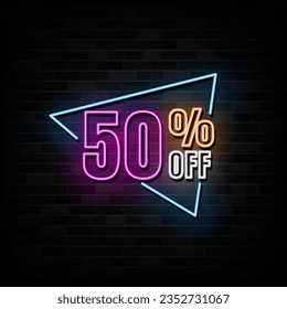 Neon 50 Percent off, Special Offers, Discount Neon Signs Vector Design Template Neon Style