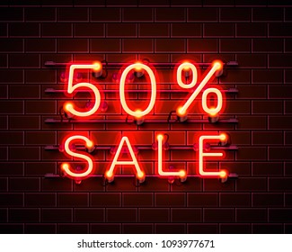 Neon 50 sale text banner. Night Sign. Vector illustration