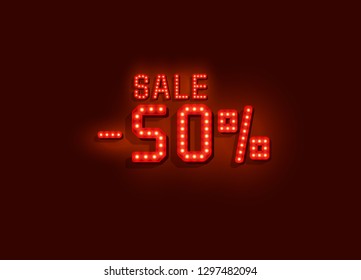 Neon 50 sale text banner. Night Sign. Vector illustration